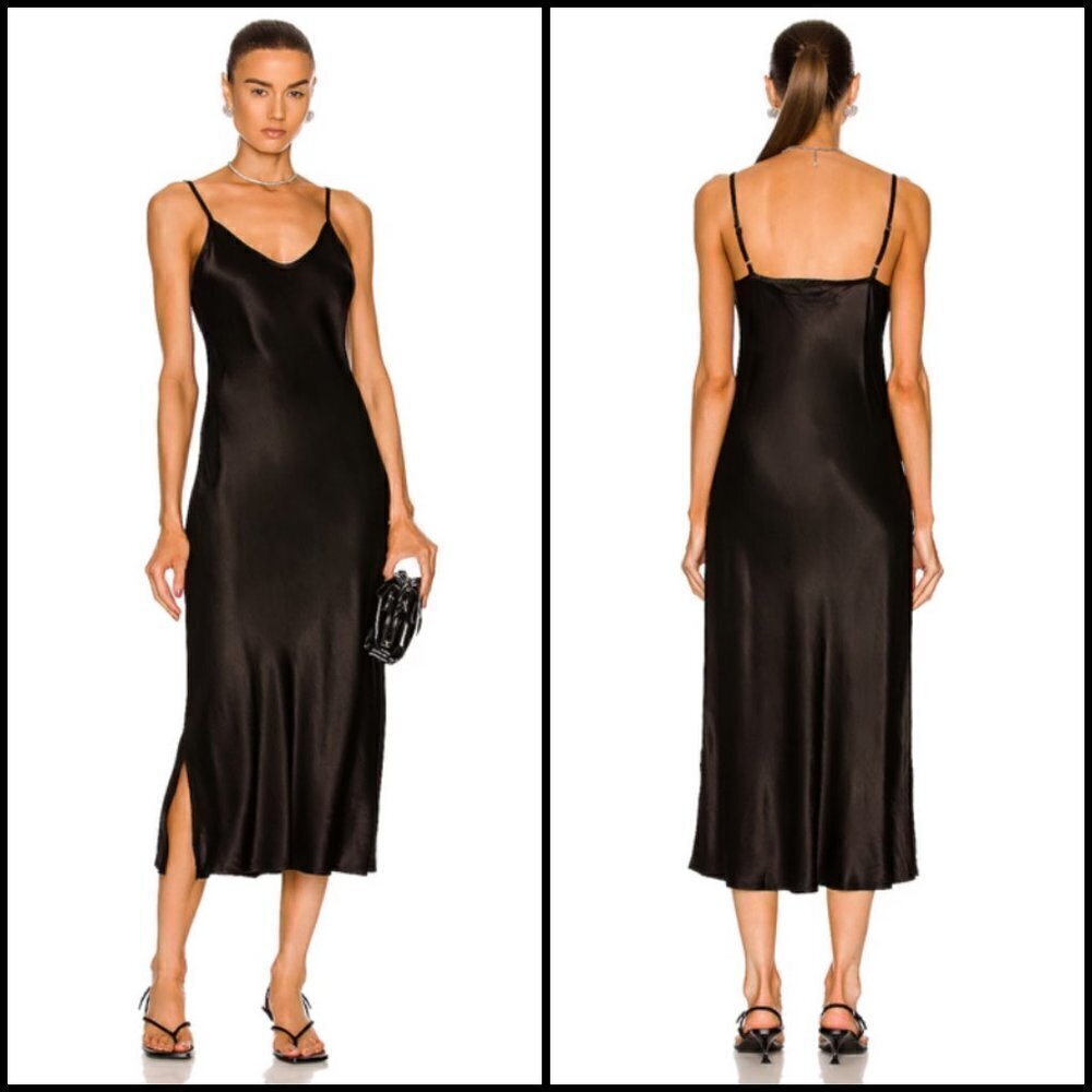 💕ENZA COSTA💕 Bias Slip Dress ~ Black Satin Midi Length Size 3 = Large NWOT